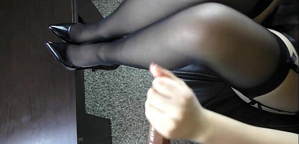  Young Handjob on her feet in stockings - Foot fetish, cum on feet